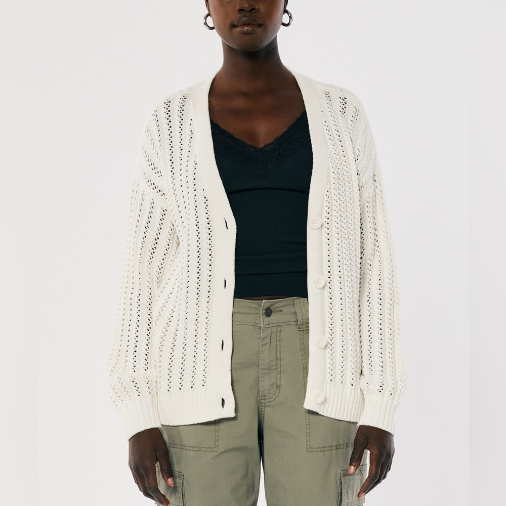 Hollister White Knit Long Button Cardigan